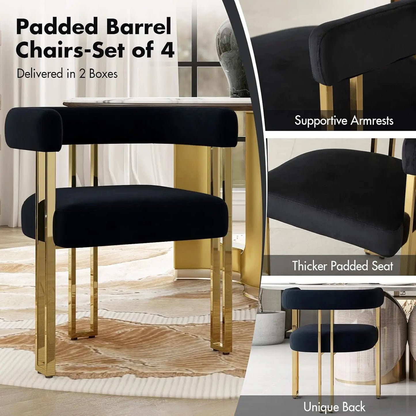 Black and Gold Modern Dining Chairs, Velvet Upholstered Barrel Armchairs with Metal Legs