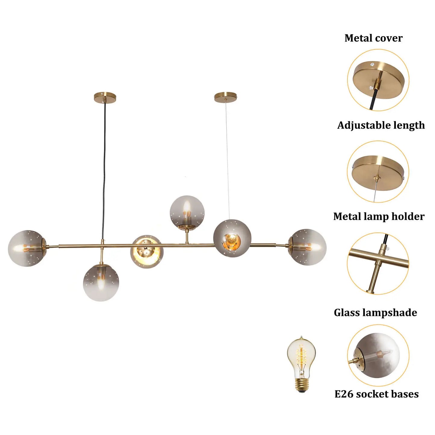 6-Light Modern Gold Linear Globe Ceiling Light Pendant Lamp Sputnik Chandelier