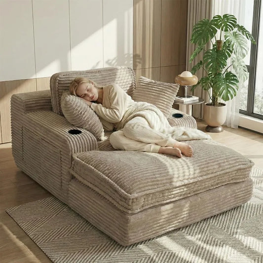 Oversized Chaise Lounge Chair Indoor, Soft Boneless Cloud Couch with 3 Pillows, 4 Side Pockets and 2 Cup Holders, Comfy Corduroy