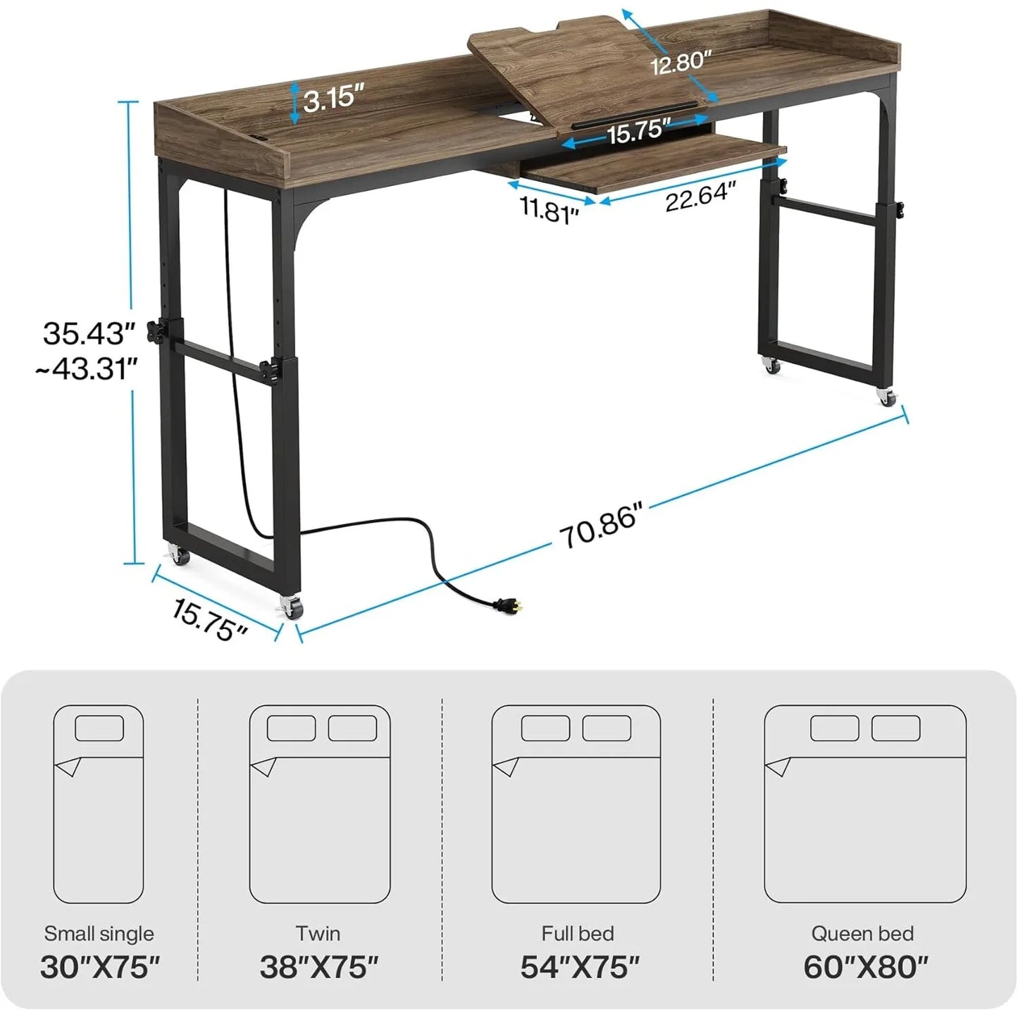Height Adjustable Overbed Table with Wheels, Queen Size  Laptop