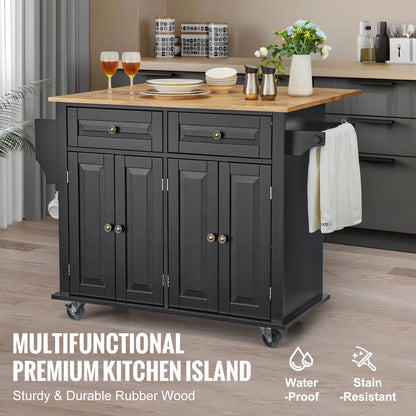 Kitchen Island Cart Wood Top Mobile Carts with Storage Cabinet Rolling Table with Drop Leaf Spice Rack Towel Bar