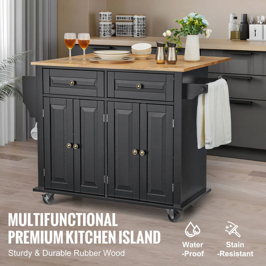 Kitchen Island Cart Wood Top Mobile Carts with Storage Cabinet Rolling Table with Drop Leaf Spice Rack Towel Bar