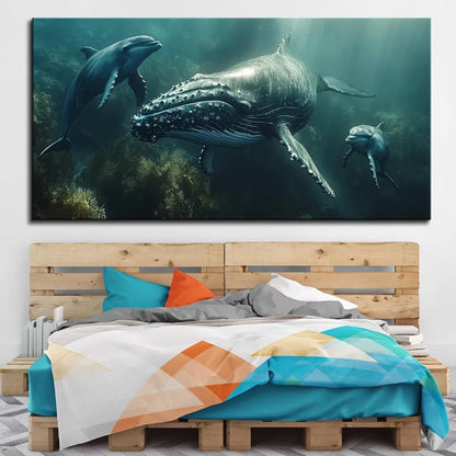 1.5 inch pine frame, wall decoration,can be hung directly,ocean whale mother and child swimming children's room canvas poster