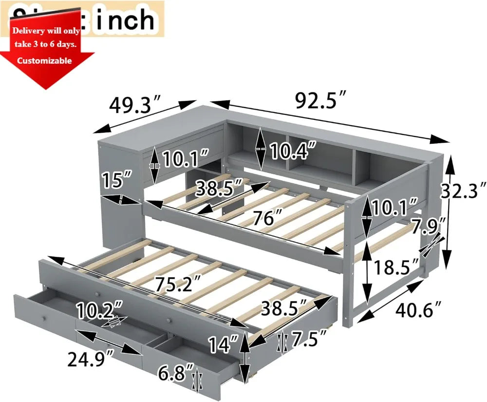 Twin Size Corner Daybed with Trundle, 3 Drawers & Desk - Grey Wooden Storage Bed for Kids Teens