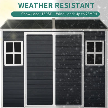 8x6ft Outdoor Resin Garden Shed with Floor and 2 Windows, Plastic Patio Outdoor Storage Shed with Lockable Door for Garden Tools