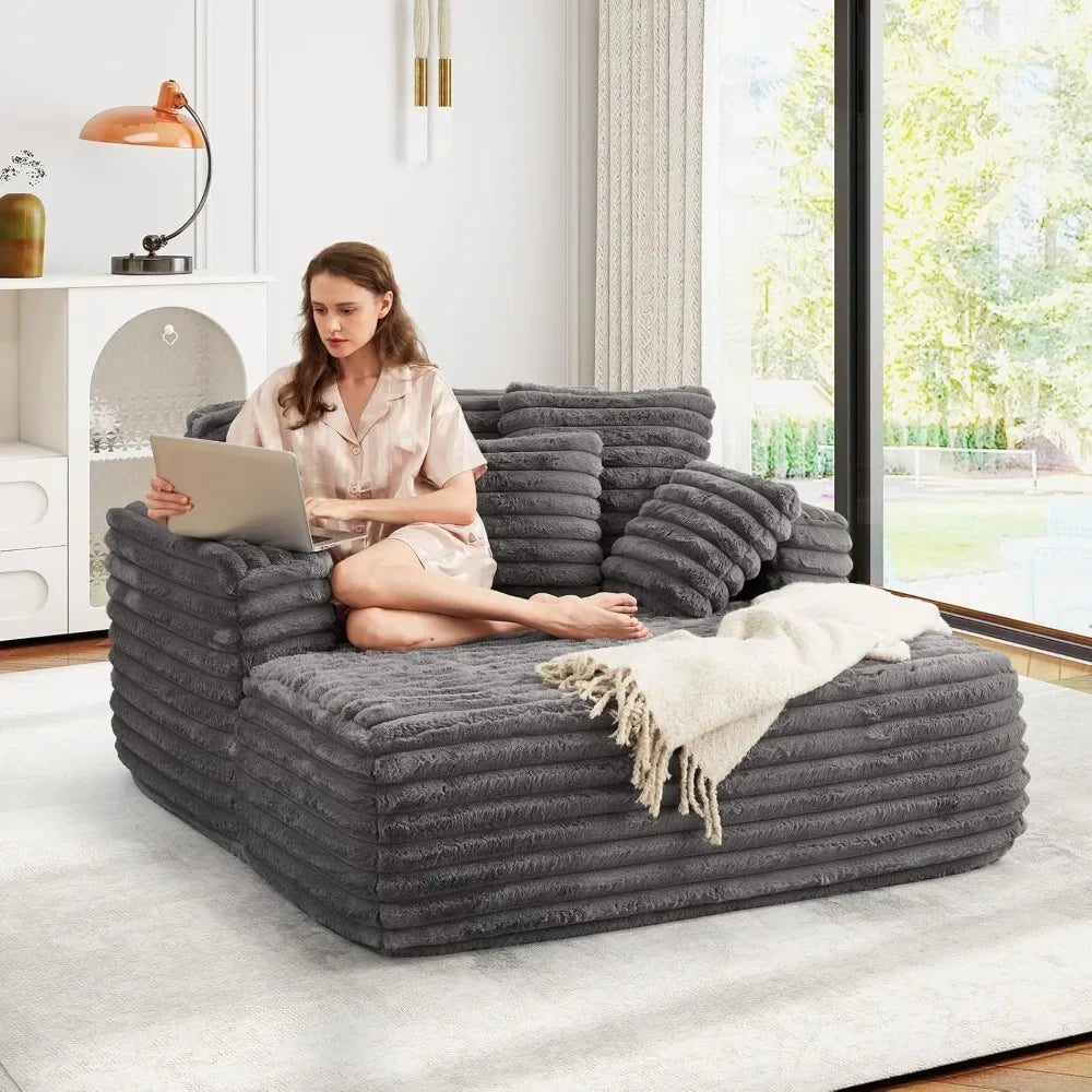 Oversized Chaise Lounge Chair Indoor Plush Faux Fur Sleeper Sofa Couch Bed with Pillows Wide Armrests Fluffy Cloud Couch