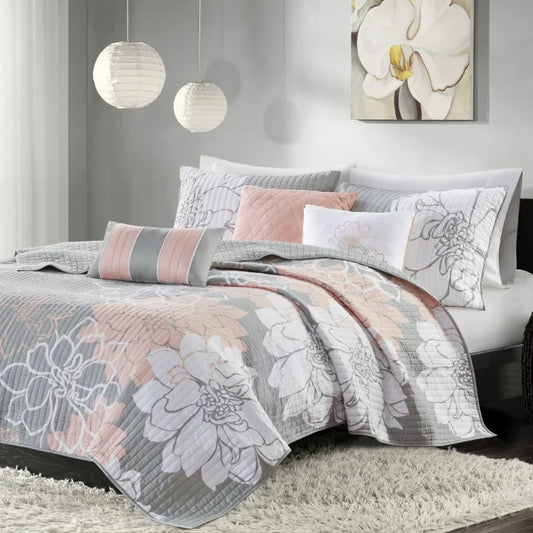 6 Piece Printed Cn Quilt Set with Throw Pillows Grey Peach King Cal King