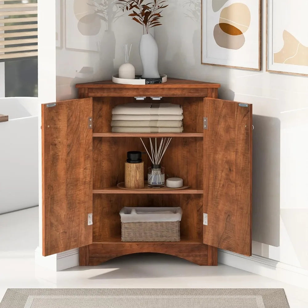 Corner Storage Cabinet with Adjustable Shelves, Triangle Bathroom & Kitchen Organizer, Freestanding Floor Cabinet for Toilet Kit