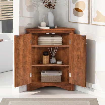 Corner Storage Cabinet with Adjustable Shelves, Triangle Bathroom & Kitchen Organizer, Freestanding Floor Cabinet for Toilet Kit