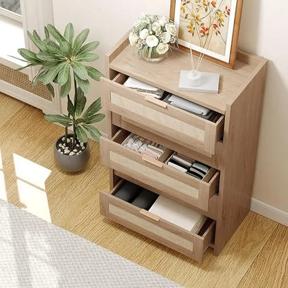 Rattan Dresser with 5 Drawers, Wooden Chest of Dresser for Bedroom, Boho Night Stand Storage for Living Room, Hallway, Closet