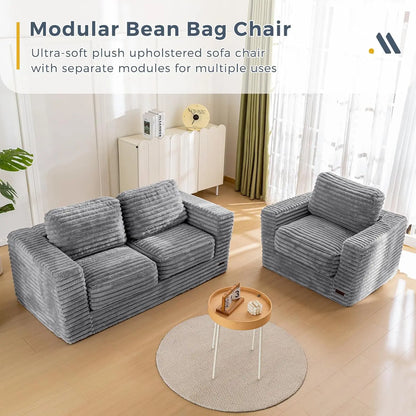 Large Grey Bean Bag Sofa with Pillows and Armrests, Plush Floor Chair for Living Room or Bedroom