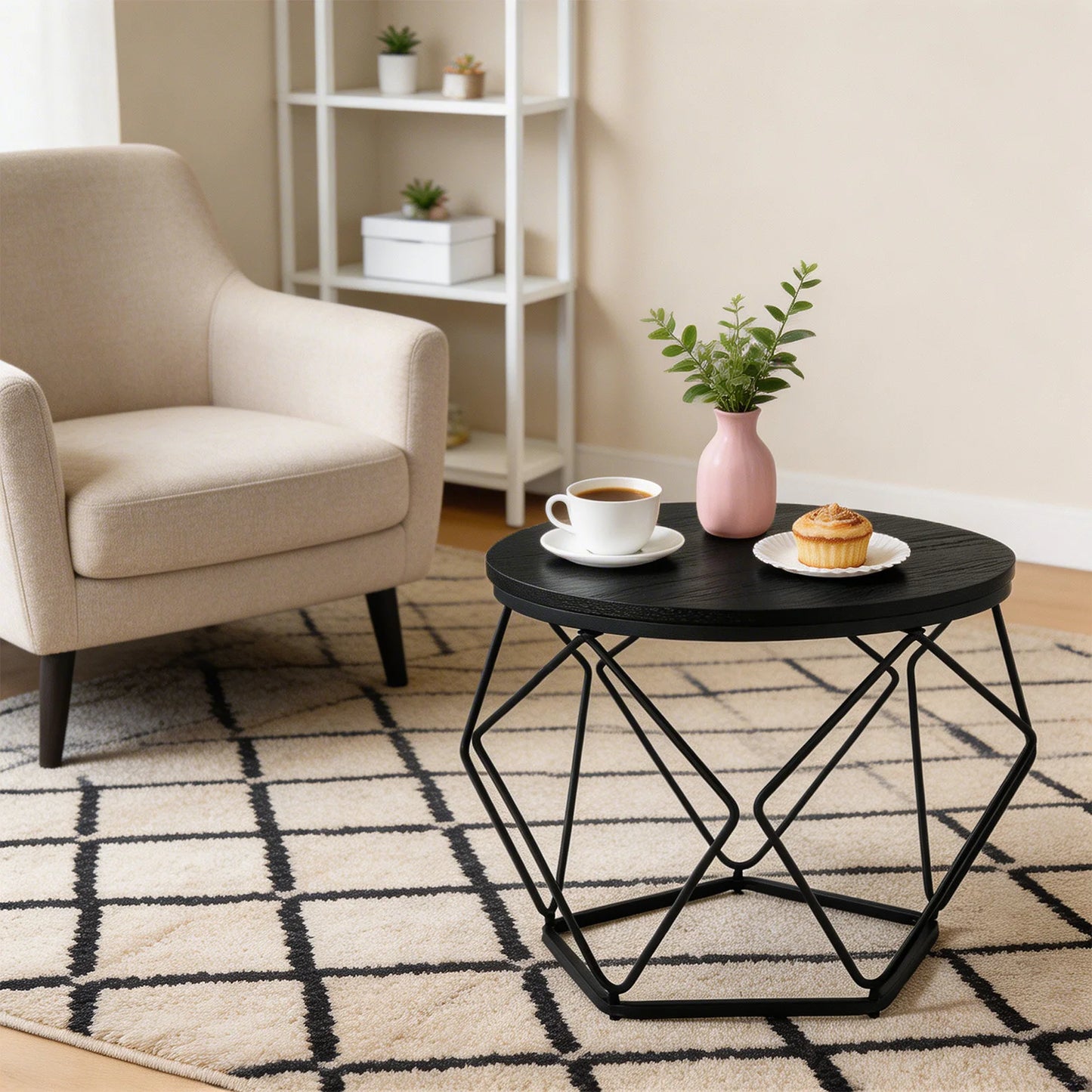 Round Geometric Coffee Table Set of 2 Movable End Tables for Living Room Nesting Side Tables with Hidden Storage