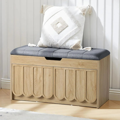 Shoe Storage Bench with Cushion, Entryway Shoe Cabinet Bench with 2 Scalloped Doors & Adjustable Shelf, Customized