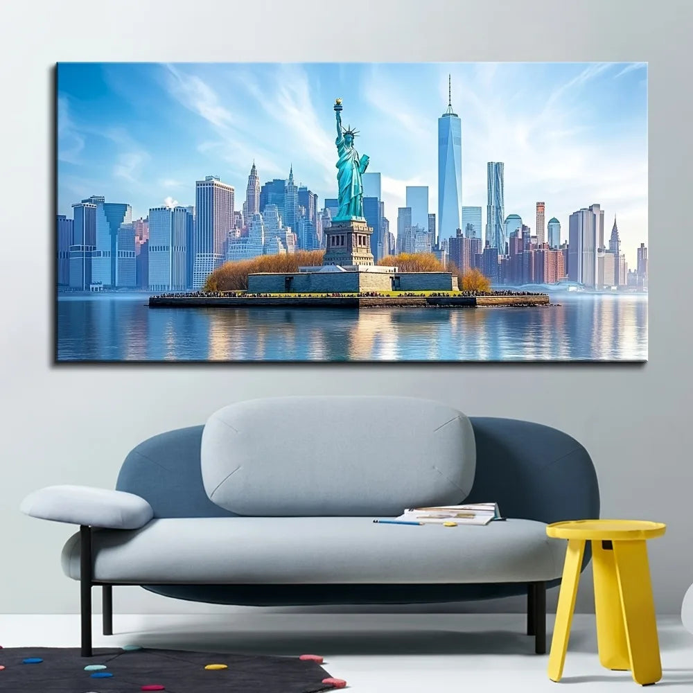 1.5 inch thick pine solid wood frame, Statue of Liberty mural, art deco