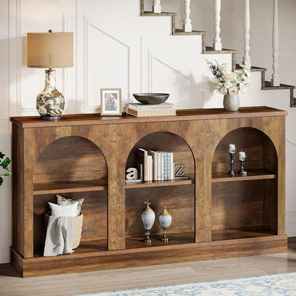 Farmhouse Console Table 63Inch, 3 Tier Storage Wooden Rectangular Sofa Table for Entryway Hallway Living Room Brown