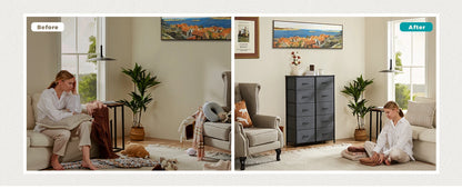 JHK 10 Fabric Drawers Nightstand Storage Cabinet With Steel Frame Clothes Storage