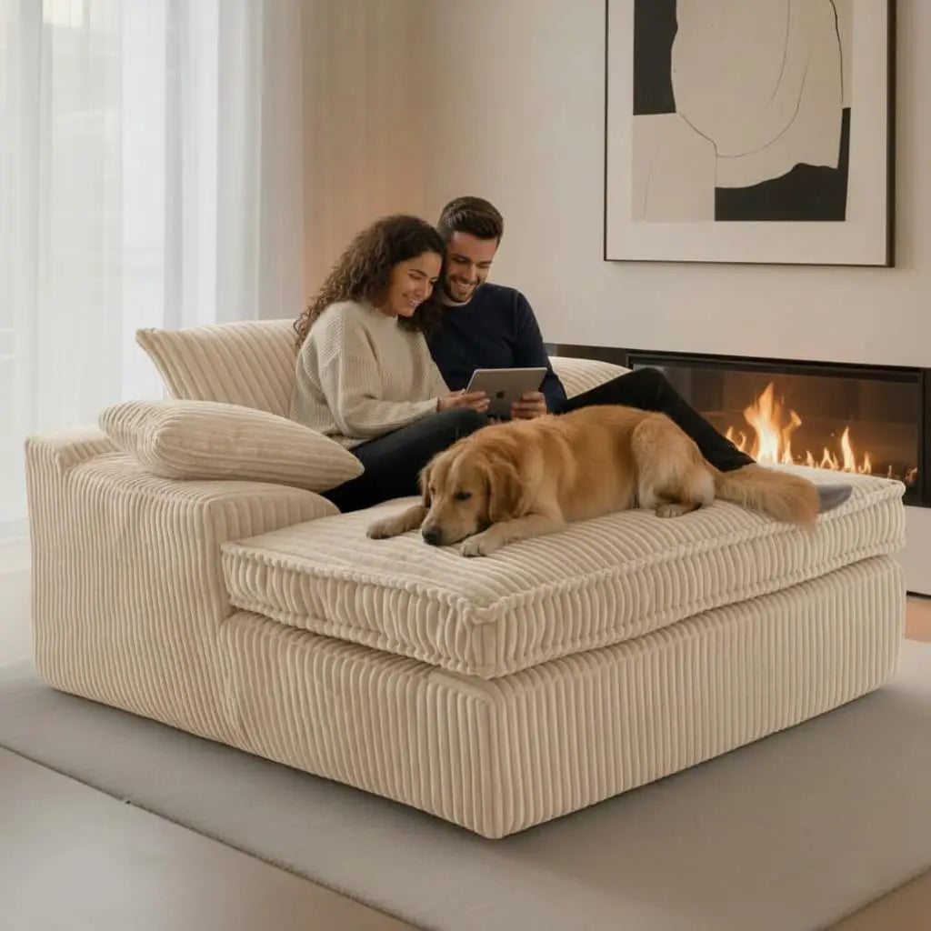 Oversized Chaise Lounge Chair Indoor, Corduroy Upholstered Deep Seat Sofa Couch, Cloud-Soft Boneless