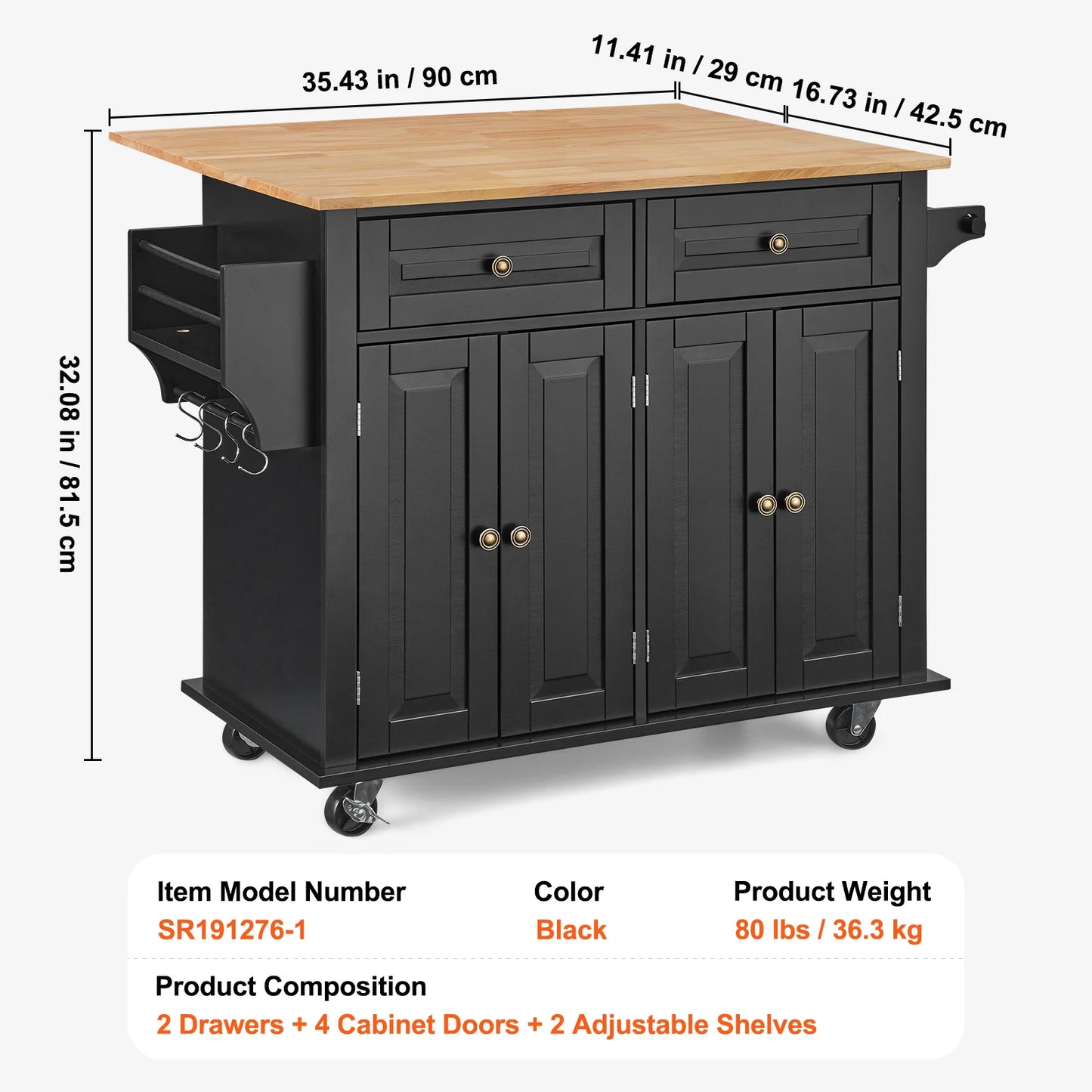 Kitchen Island Cart Wood Top Mobile Carts with Storage Cabinet Rolling Table with Drop Leaf Spice Rack Towel Bar