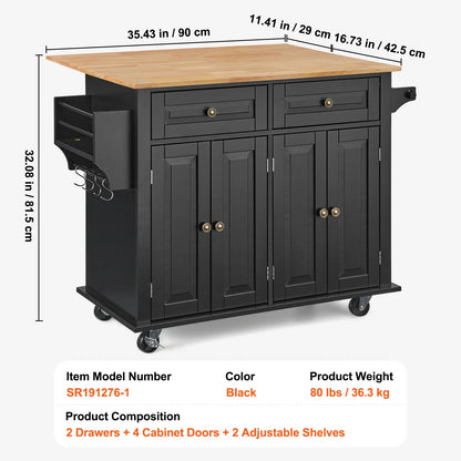 Kitchen Island Cart Wood Top Mobile Carts with Storage Cabinet Rolling Table with Drop Leaf Spice Rack Towel Bar