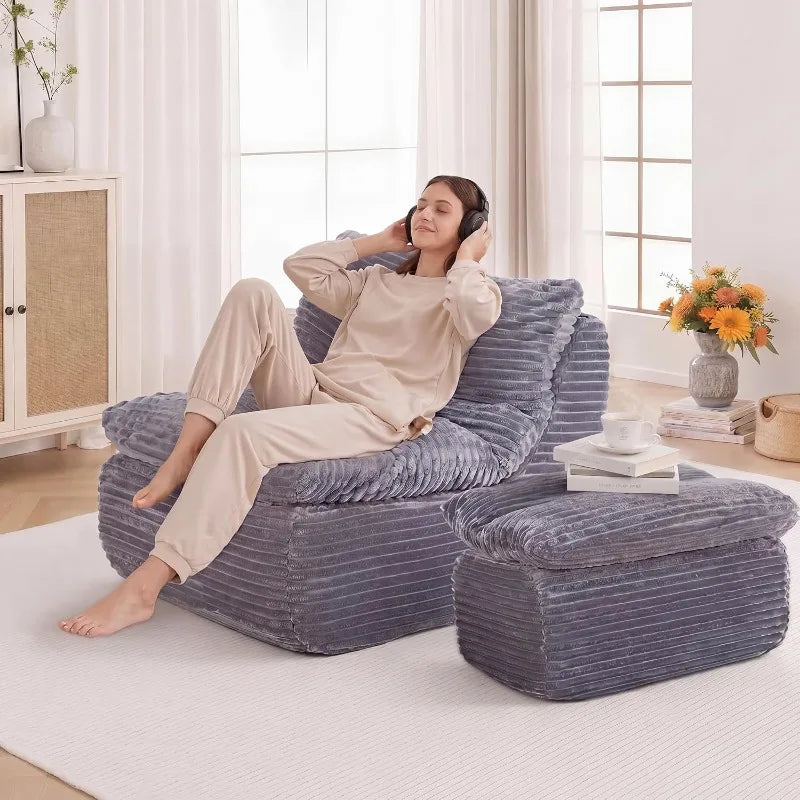 Oversized Chaise Lounge Chair Indoor, Soft Boneless Cloud Couch with 3 Pillows, 4 Side Pockets and 2 Cup Holders, Comfy Corduroy