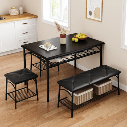 Dining Table Set for 4, Kitchen Table Set with Upholstered Bench and Square Stools, Metal and Wood Dining Room Table Set