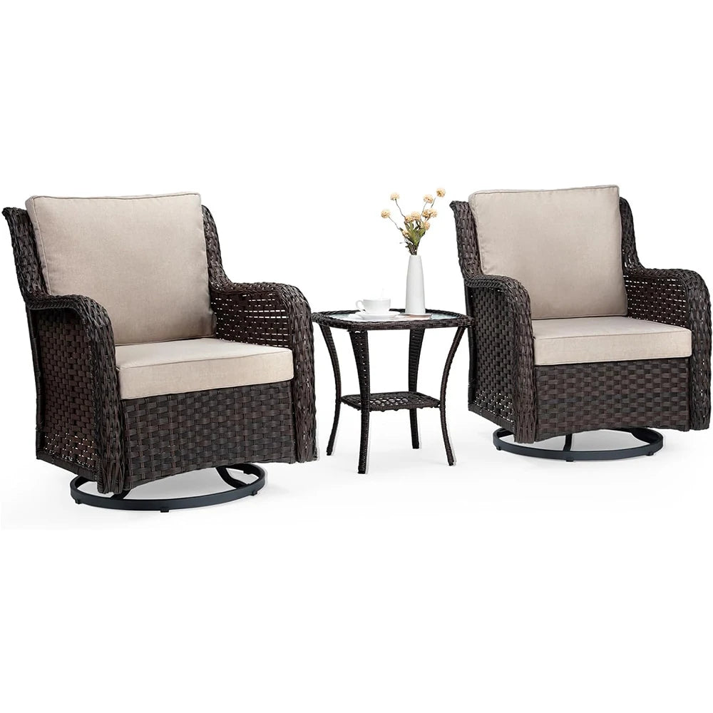 3-Piece Wicker Swivel Rocker Patio Set, 360° Swivel Rocking Chairs With Tempered Glass Side Table, Outdoor Bistro Furniture