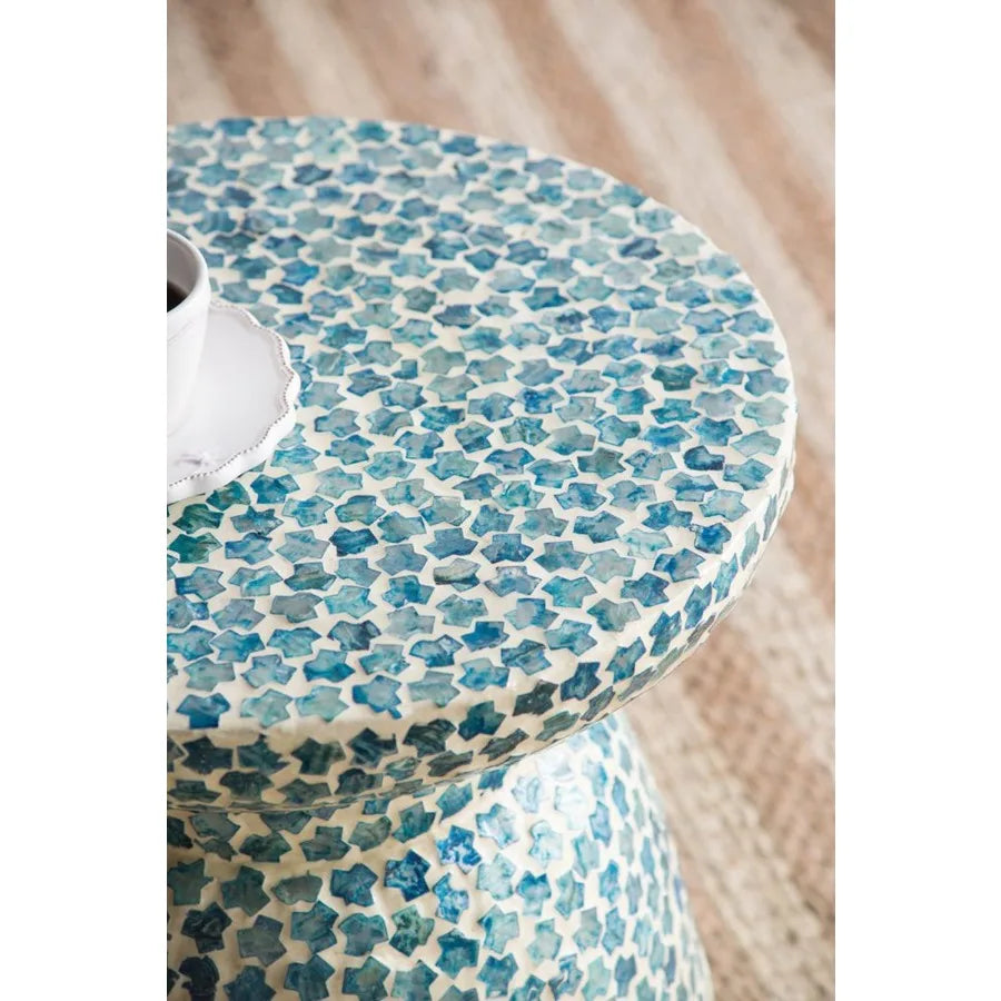 D15x16 Capiz Garden Stool Small Side Tabel Blue Accent Round End Table