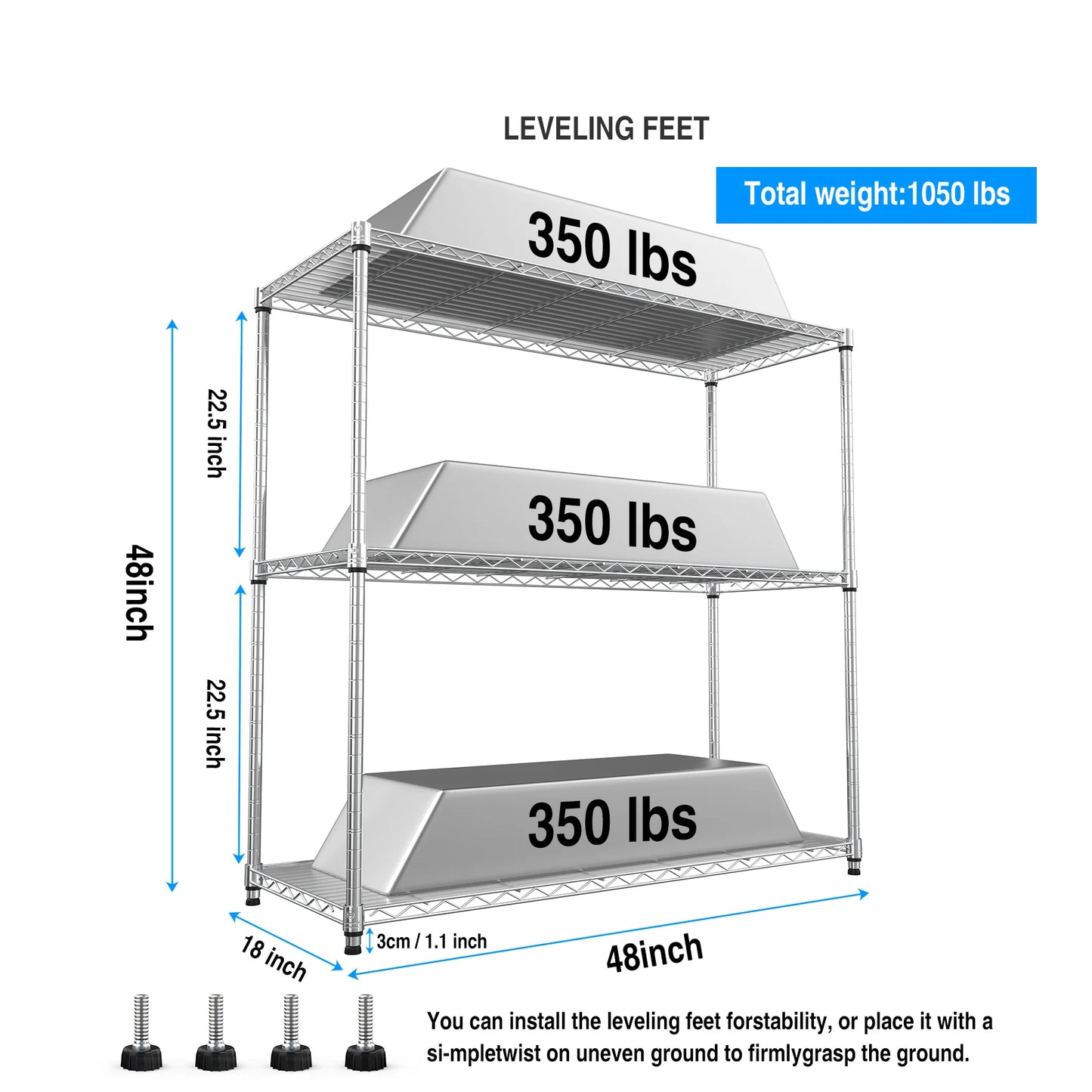 3-layer metal shelf unit, 1050 pound height adjustable metal garage storage rack, heavy-duty storage rack, black/white/chrome