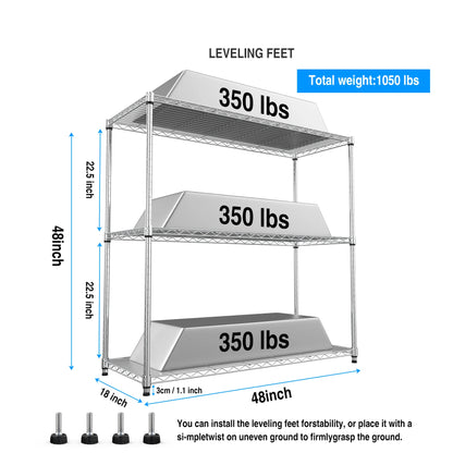 3-layer metal shelf unit, 1050 pound height adjustable metal garage storage rack, heavy-duty storage rack, black/white/chrome