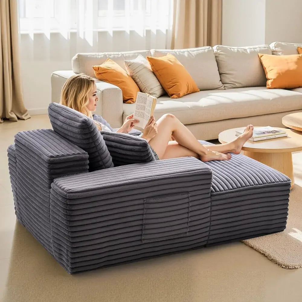 Chaise Lounge Chair, 48 in Boneless Chaise Lounge Indoor, Modern Upholstered Oversized Reading Chair with Throw Pillows