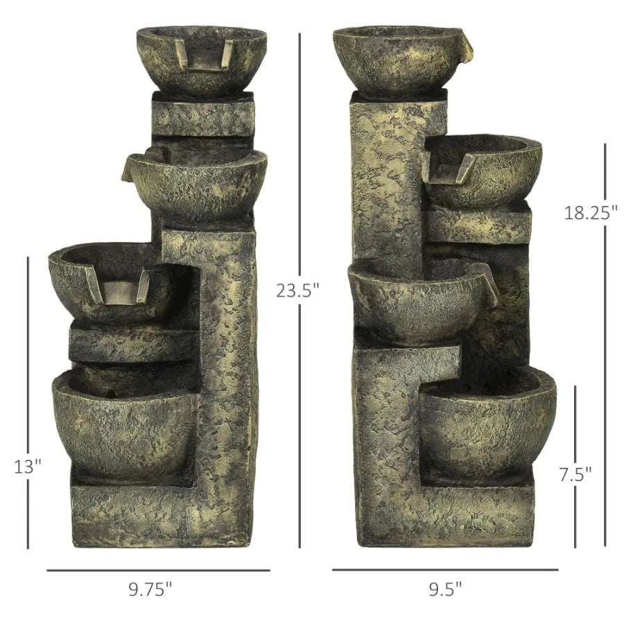 Outdoor Fountain with 4-Tier Stacked Stone Look Bowls, Cascading Waterfall,