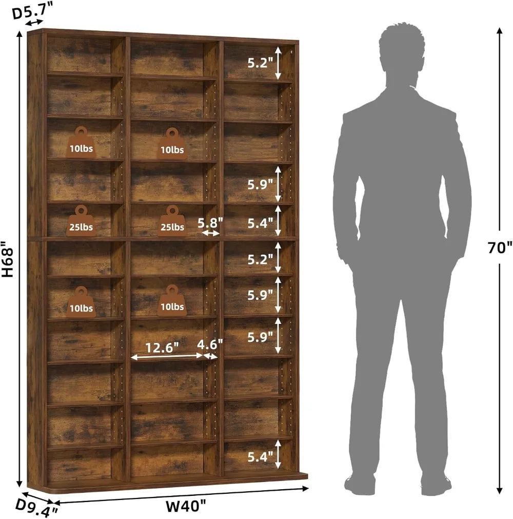 Adjustable Media Storage Cabinet, Brown Bookshelf for DVDs, CDs, Books - Living Room & Home Office