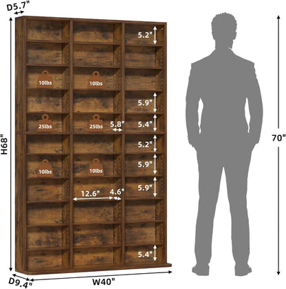 Adjustable Media Storage Cabinet, Brown Bookshelf for DVDs, CDs, Books - Living Room & Home Office