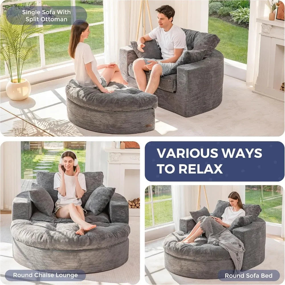 Oversized Round Chaise Lounge Sofa with Ottoman, Deep Seat Sleeper Chair, Boneless Couch for Living Room, Dark Grey