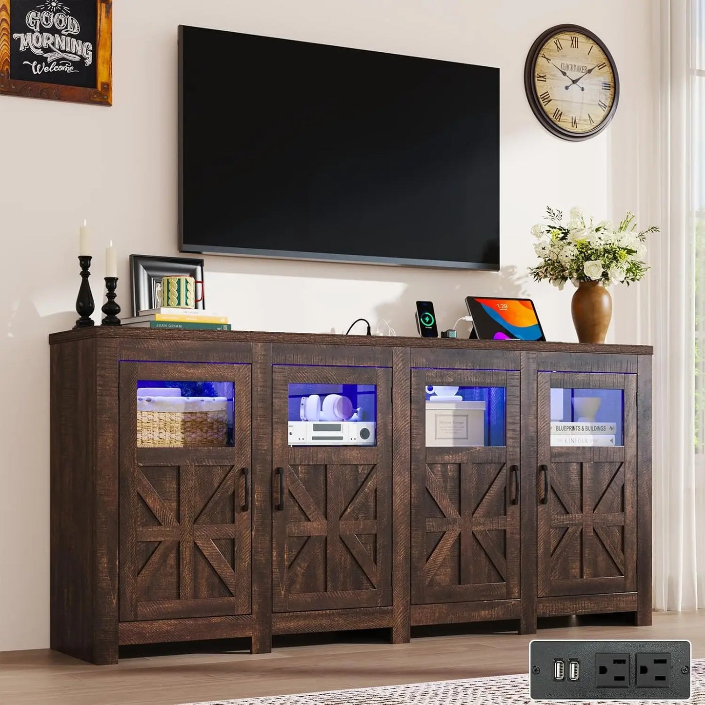 LED Farmhouse TV Stand for 80/75/70 Inch TVs with Power Outlets, Tall Entertainment Center Storage