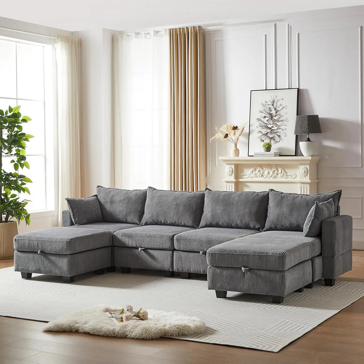 U-Shaped Modular Sectional Sofa with Storage Ottoman, Corduroy Upholstered Convertible Couches with Chaise