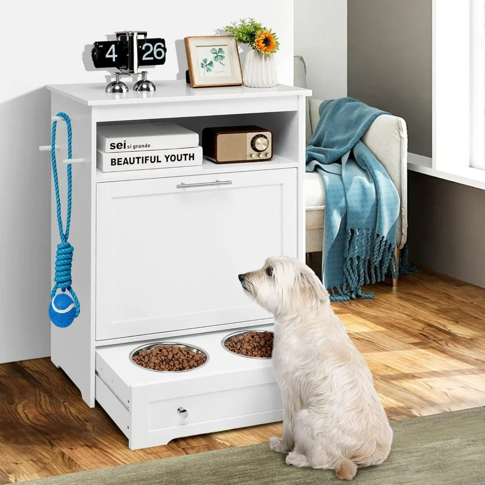 Pet Feeder Station, Dog Food Storage Container with Double Pull Out Dog Bowls, Pet Food Toy Cabinet, Pet Feeding Furniture
