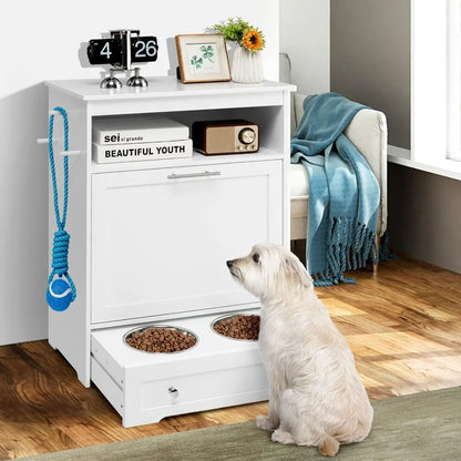 Pet Feeder Station, Dog Food Storage Container with Double Pull Out Dog Bowls, Pet Food Toy Cabinet, Pet Feeding Furniture