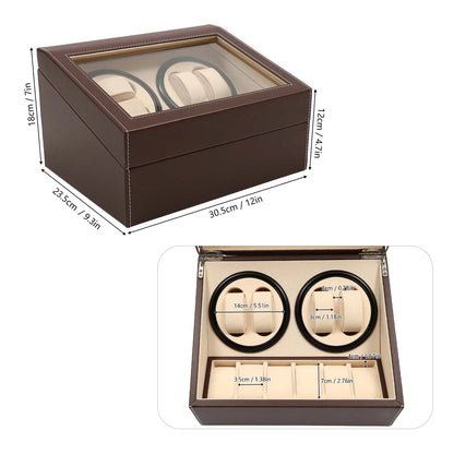 4+6 Rotation Leather Storage Case Display Case Box Automatic Watch Winder Holder Organizer W/Pillow (Brown)