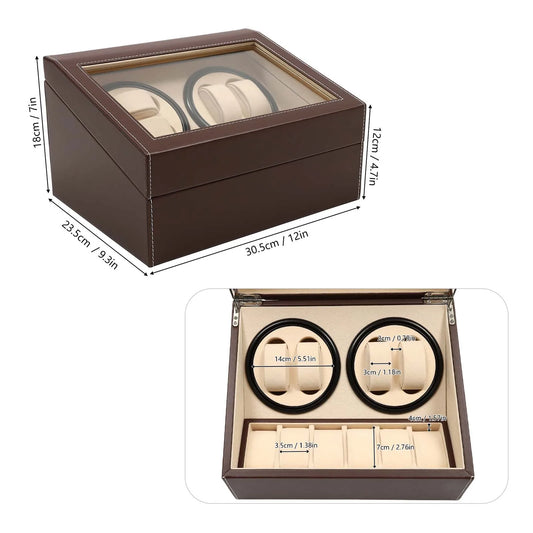 4+6 Rotation Leather Storage Case Display Case Box Automatic Watch Winder Holder Organizer W/Pillow (Brown)