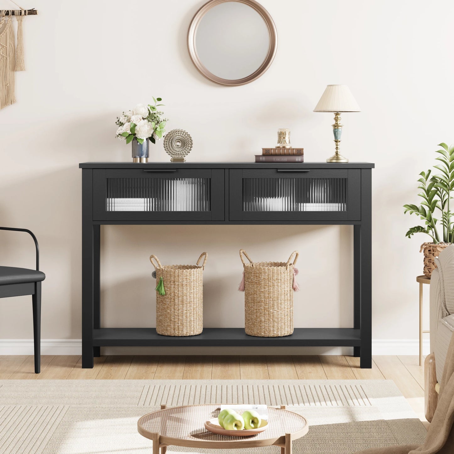 Console Table for Entryway – 2-Drawer Table with Glass Fronts and 2-Tier Storage for Living Room and Foyer