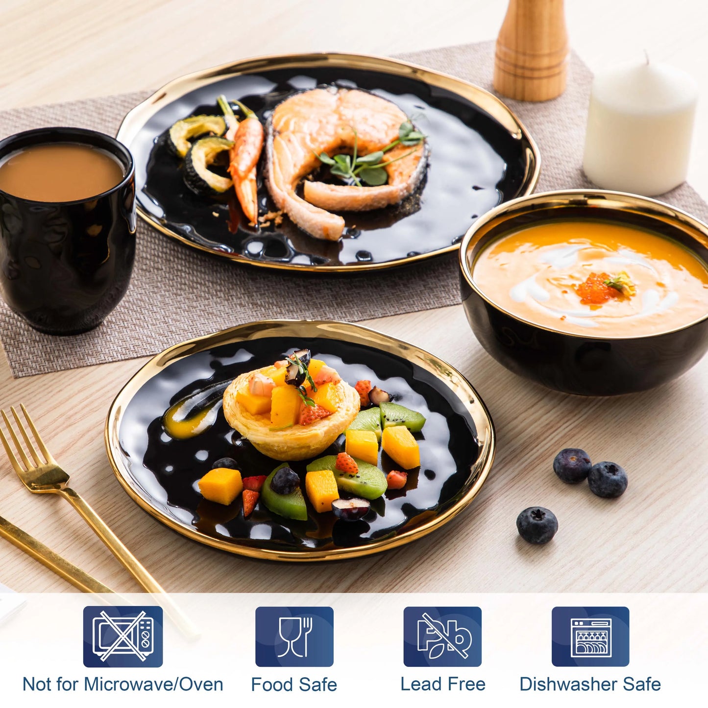 Black Porcelain Dinnerware Set with Gold Trim Dessert Plate, Dinner Plate, Cup, Bowl Tableware Set