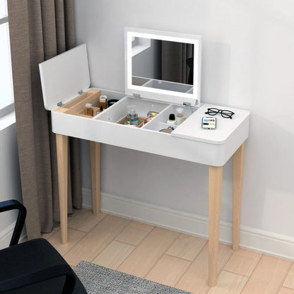 Vanity Mirror with Lights and Solid Wood Legs and Flip-Up High Definition Mirror