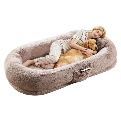Oversized Human Dog Bed Orthopedic Faux Fur Pet Bed With Pillow Side Pocket Waterproof Lining & Anti-slip Bottom