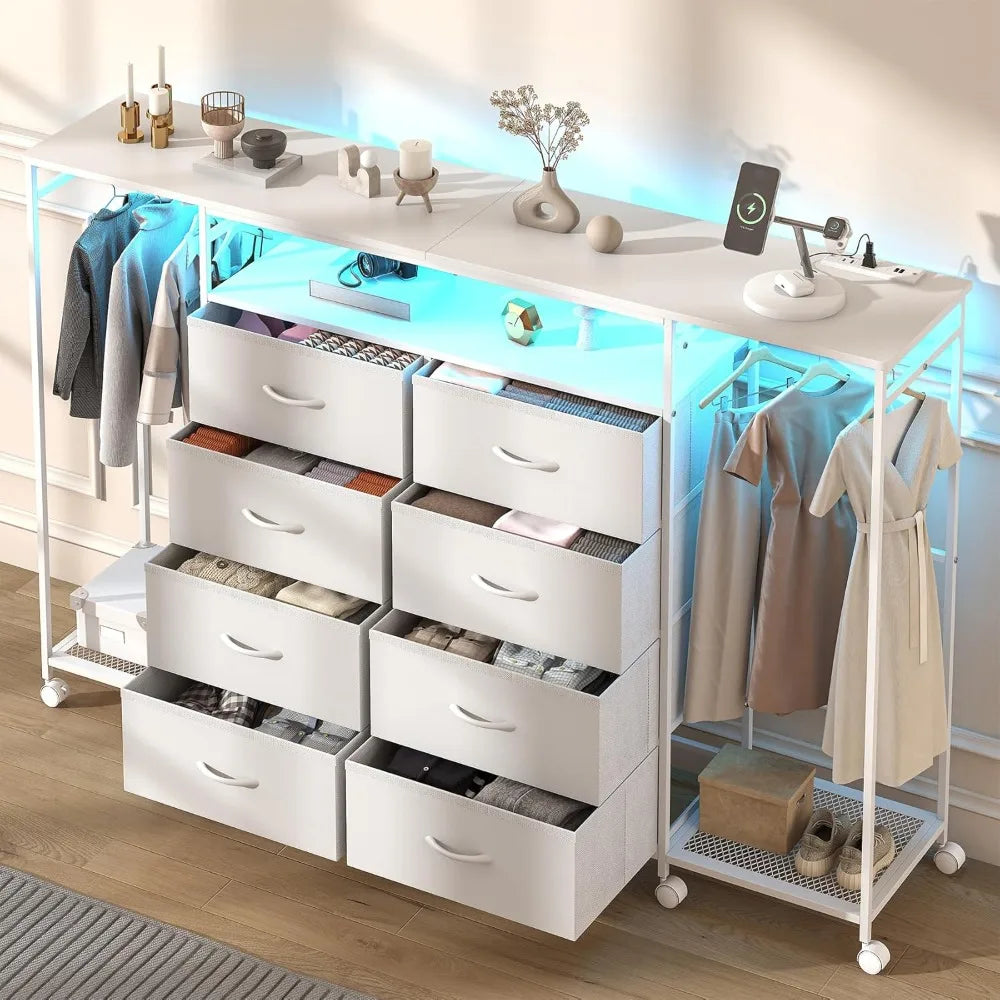 Dresser for Bedroom with Hanging Rack, 8 Drawer Dresser with LED Lights & Charging Station, Fabric Dressers Customized