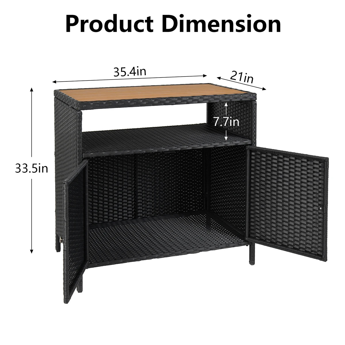 Weatherproof Outdoor Wicker Bar Table Storage Cabinet w/Double Doors & Shelves, Rattan Patio Buffet Console for Garden Poolside