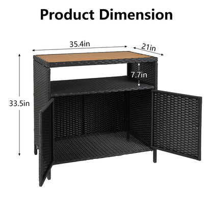 Weatherproof Outdoor Wicker Bar Table Storage Cabinet w/Double Doors & Shelves, Rattan Patio Buffet Console for Garden Poolside