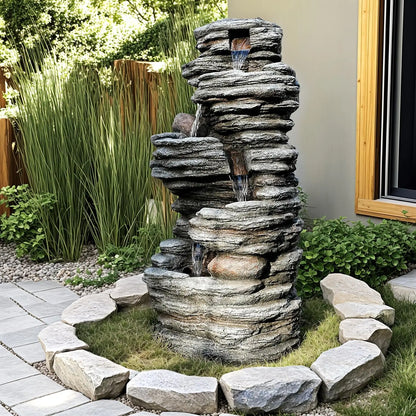 Outdoor LED Waterfall Fountain, Natural Rock Look for Garden, Patio, Yard Decor