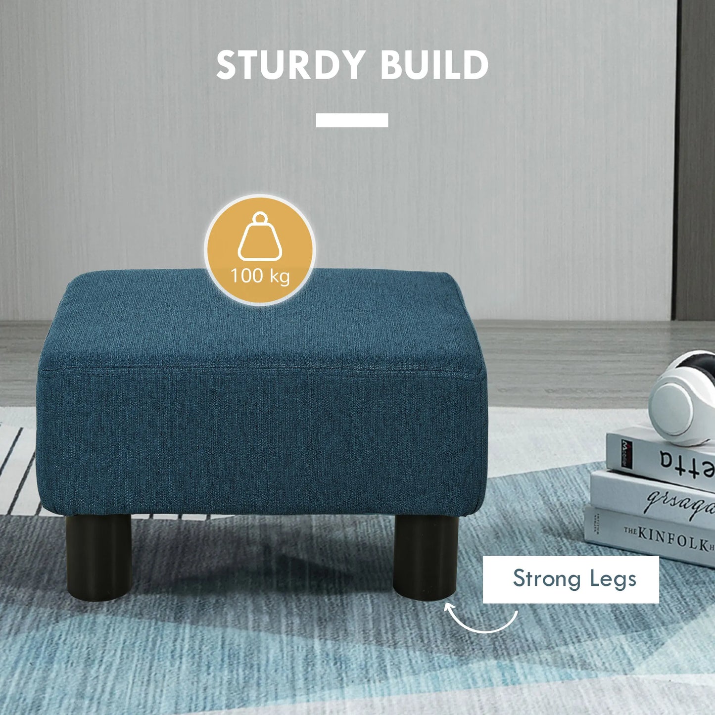 Cubed Modern Linen Fabric Pouf Footrest Ottoman Furniture Blue