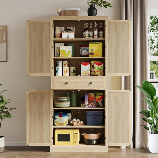 Kitchen Pantry Cabinet 72" Tall Storage Pantries with 4 Doors and Adjustable Shelves,Farmhouse Cabinet with 1 Drawer